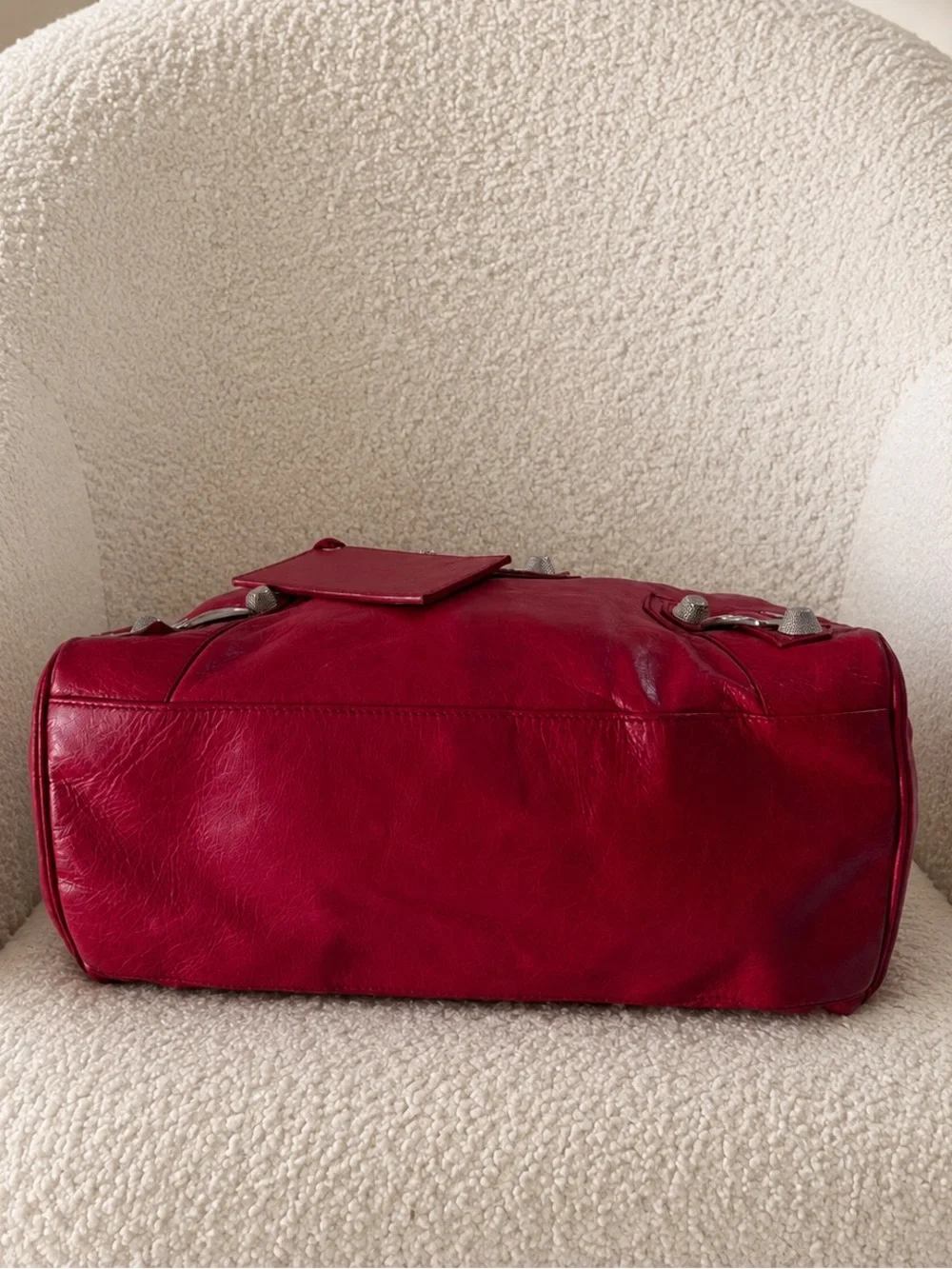 Balenciaga 2009 Ruby Red Lambskin Giant 21 Silver Midday Moto Bag